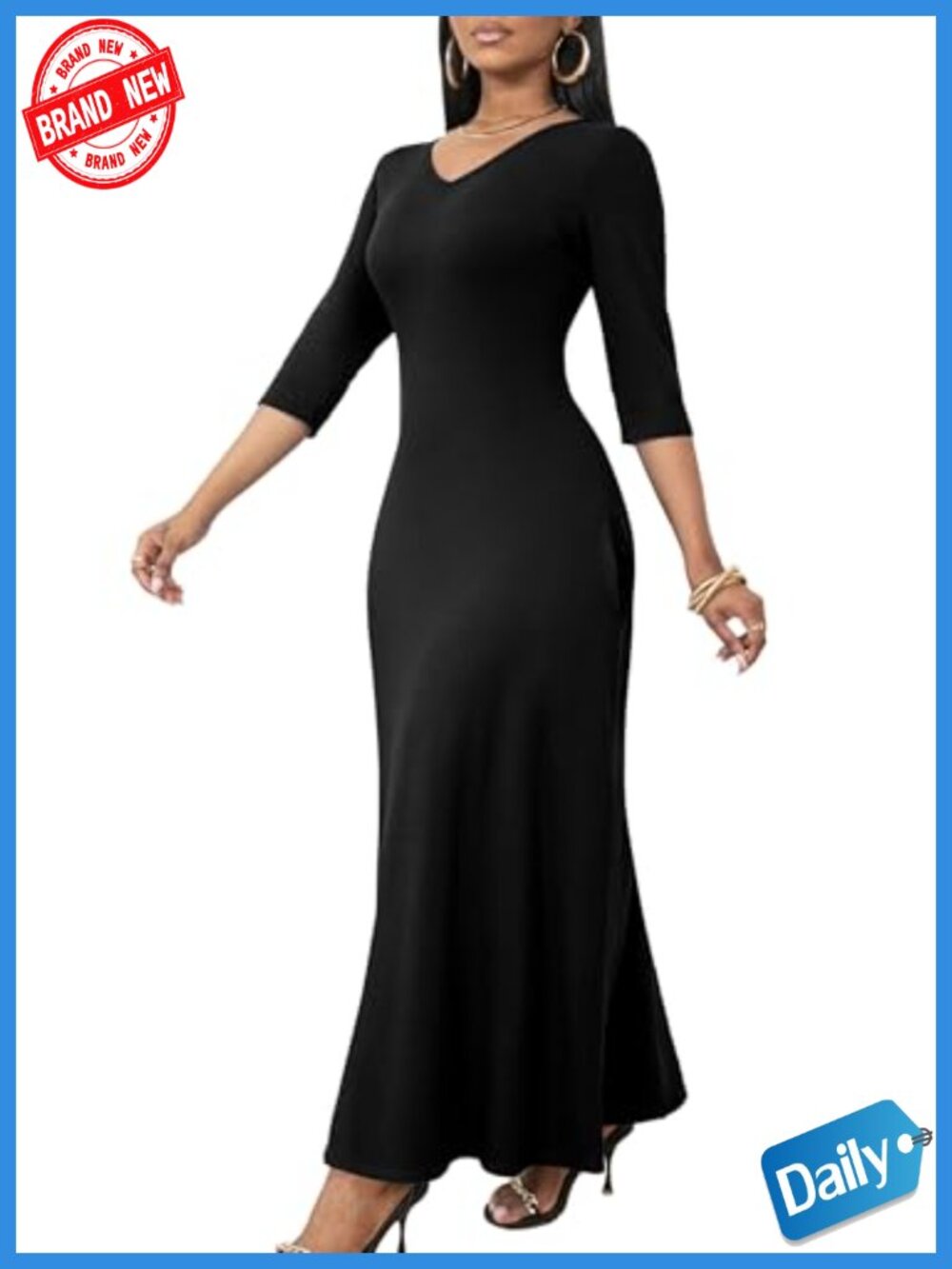 Maxi Dress with Pockets V Neck 3/4 Sleeve